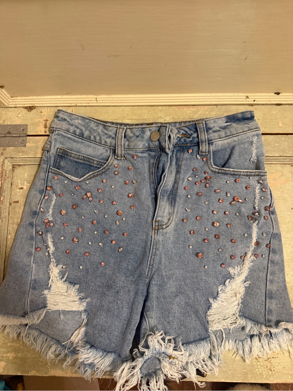 Blue B Collection Rhinestone Distressed Denim Shorts Size S